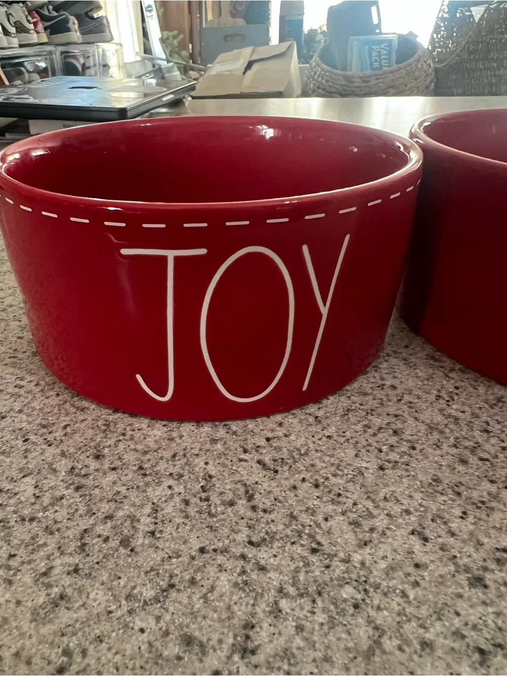 Red 'HO HO HO'  and JOY Holiday dog bowls